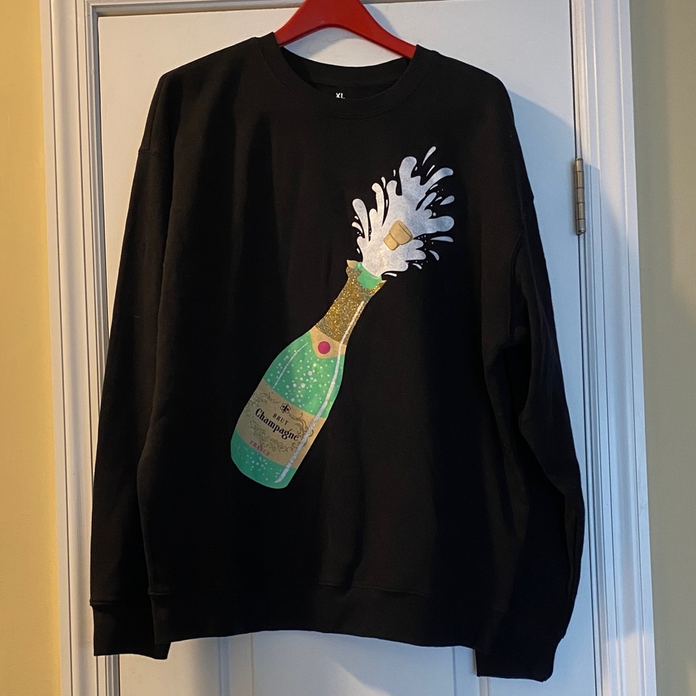 Goodie Two Sleeves Cotton Stretch Brut Champagne France Sparkly Sweatshirt NWOT